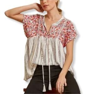 Savanna Jane Women Tunic Top S White Embroidered Floral Stripe Boho Hippie